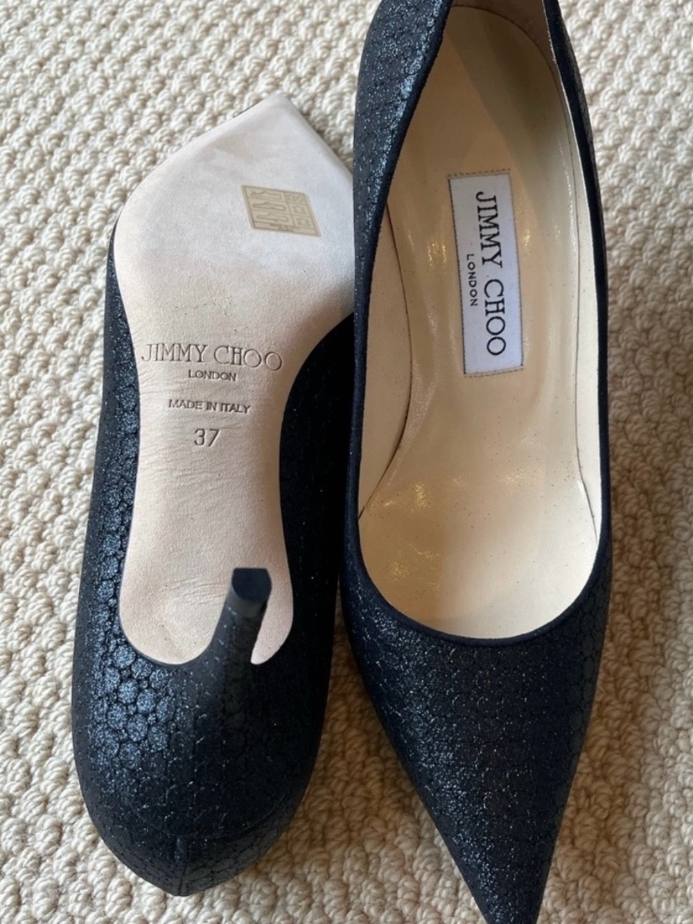 Jimmy Choo Black Glitter Pointed Toe Heels with Subtle Pattern